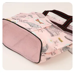 Pink mesh tote bag portable travel shower bag large capacity cute bird pattern handbag