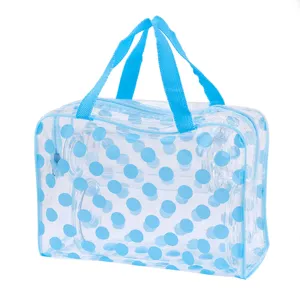 Borsa da toeletta trasparente in PVC a pois blu con manici comodi per i vostri viaggi.