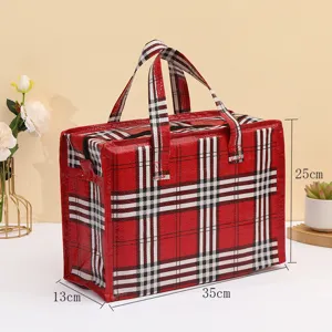 Bolsa de compras de tejido PP a cuadros rojos impermeable y gruesa bolsa de almacenamiento con cremallera