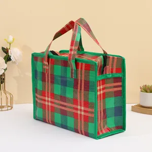 Bolso de compras de tejido PP a cuadros coloridos clásicos con cremallera, bolsa de regalo.