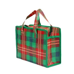 Duradera bolsa de compras de tejido PP a cuadros verdes y rojos con cremallera para regalos.