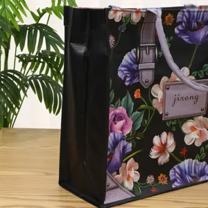 Bolso de compras impermeable de polipropileno tejido con estampado floral y asa elegante.