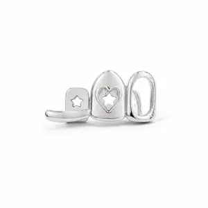 Silver hip hop tooth grillz detail, hollow star and heart dental grill accessory for party.