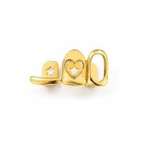 Hip hop gold grillz for teeth, 3 connected hollow star heart grillz dental jewelry Halloween