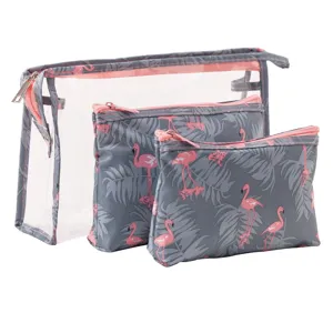 Clear PVC and flamingo print cosmetic bag set details, portable travel toiletry storage.