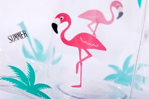 Trousse de toilette transparente en PVC avec imprimé flamant rose et palmier pour été.