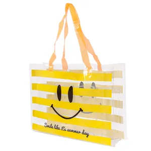Sac de plage transparent en PVC avec des rayures jaunes et un joli motif de smiley pour l'été.