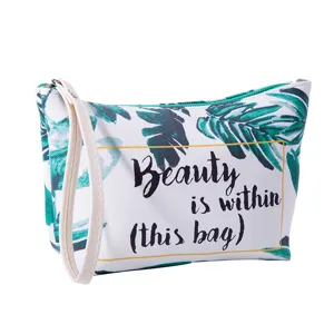 Floral PU leather makeup pouch with wrist strap, spacious cosmetic bag for travel and daily use.