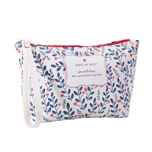 Floral PU Leather Cosmetic Pouch Travel Makeup Bag with Wrist Strap and Zipper Closure