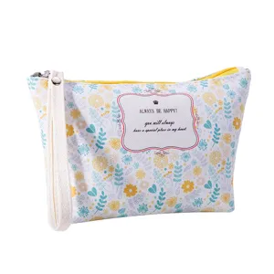 Floral cosmetic bag travel PU leather makeup pouch with wrist strap and zipper closure.