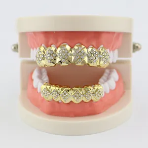 Hiphop gold plated teeth grillz set iced out micro pave cubic zirconia grillz for party teeth jewelry