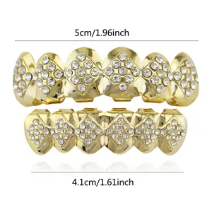 Gold hip-hop grillz detail shot showcasing micro-pave zirconia crystals and precise tooth sizes.