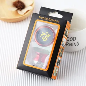 Detail view of the metal car mobile phone bracket with blessing pattern in box.