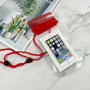 Clear waterproof phone pouch with red lanyard and sealing clip for outdoor water sports.