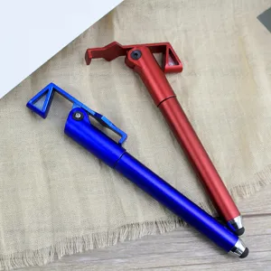Detailed view of creative 2-in-1 touch screen phone stand ballpoint pen in blue and red.