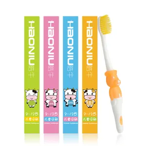 Children toothbrush detail showing colourful packaging boxes and a cute bear handle design.