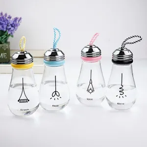 Creative glass lightbulb water bottle with colorful rope portable student tea cup