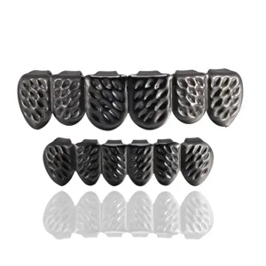 Hip hop grillz set for teeth, black metal top and bottom grillz, stylish streetwear accessories.