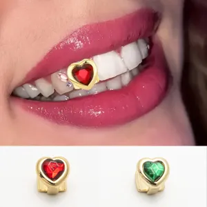 Heart-shaped ruby tooth grillz hip-hop gold teeth rap fashion personality jewelry piece