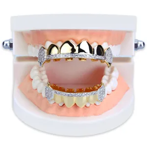 Hip Hop Grillz Teeth Brass Zirconia Rhinestone Two Tone Vampire Fangs Top And Bottom Grillz Set For Party Stage Jewelry
