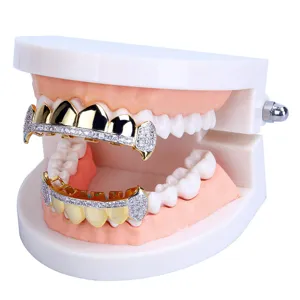 Gold plated iced out grillz for teeth, hip hop dental jewelry accessory for party stage show.
