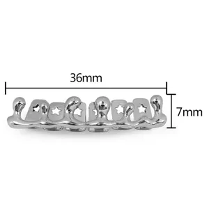 Hip hop silver grillz lower teeth with unique liquid drip and star cutouts, size 36x7mm.