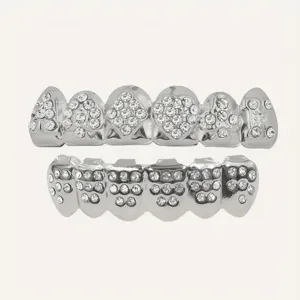 Close-up detail of rhinestone poker teeth grillz with sparkling cubic zirconia.