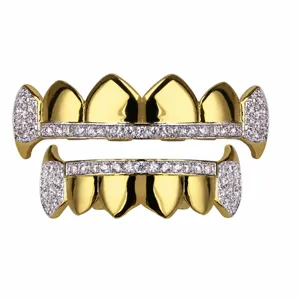 Detailed size chart of iced out gold hip hop grillz showing upper and lower teeth dimensions.