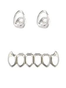 Hip hop vampire fangs grillz set, hollow silver teeth accessories for party jewelry.