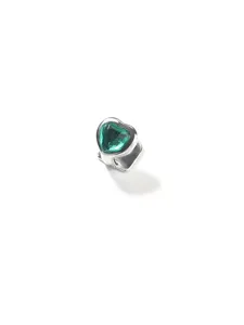Silver single tooth grillz with green heart gemstone hip hop fashion dental jewelry detail view.