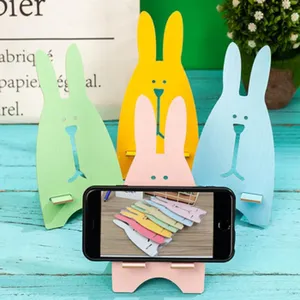 Cute wooden rabbit mobile phone stand and desktop organizer holder, colorful cute animal design desk decor.