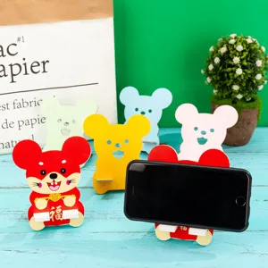 Cute wooden cartoon mouse phone stand and desktop organizer detail view, colorful design.