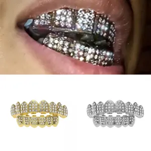 Hip hop iced out grillz for teeth, gold and silver rhinestone dental grill set for men.