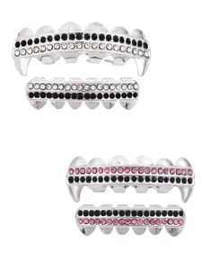 Rhinestone vampire grillz detail view, stylish hip hop teeth caps for party costumes.