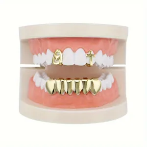 Hip Hop Top And Bottom Teeth Set Rhinestone Cross Heart Dental Jewelry For Halloween Stage Party