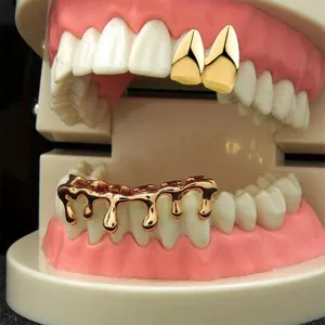 Hip Hop Shiny Copper Grillz Set Vampire Fangs Top And Bottom Teeth Grillz Grill Party Jewelry For Men And Women