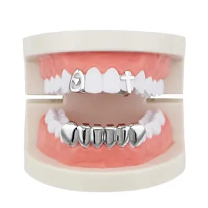 Hip-hop dental grillz set with cross and smooth teeth caps for party stage costumes