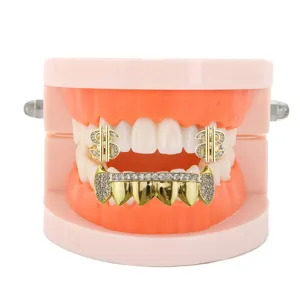 Hip Hop Grillz Dollar Sign Tooth Caps Brass Rhinestone Grillz Set For Halloween Party Men Women Fashion Teeth Jewelry