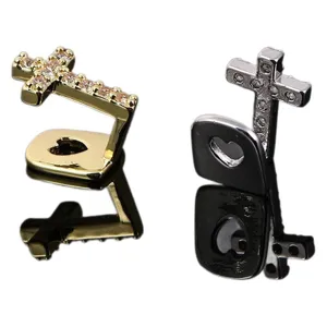 Hip hop single tooth grill with cross and heart cutout micro paved zirconia copper grillz detail view