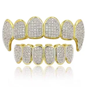 Hip Hop Grillz Top And Bottom Teeth Set Gold Plated Full Rhinestone Vampire Fangs Grills Fashion Body Jewelry