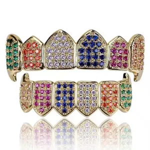 Hiphop Gold Teeth Grillz Colorful Zirconia Fangs Luxury Dental Jewelry Set for Men Women