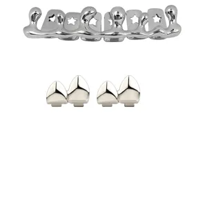 Hip hop silver grillz set, shiny metal vampire fangs and drip top grill for fashion.