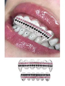 Hip hop rhinestone grillz teeth set, vampire fangs grillz for men women fashion party costume.