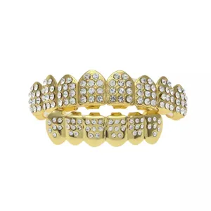 Hip hop rhinestone gold plated teeth grills fashion rap accessory grillz set detail