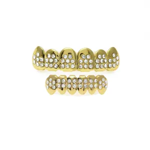 Hip Hop Gold Silver Plated Rhinestone Grillz Vampire Fangs Teeth Set Metal Halloween Party Fake Teeth Jewelry