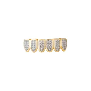 Detailed showcase of luxury gold plated hip hop teeth grillz paved with clear zirconia.