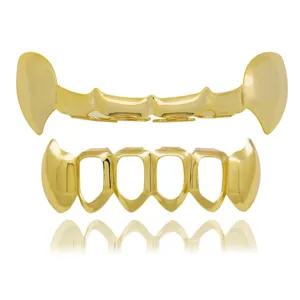 Hip hop gold grillz set vampire fangs upper and lower teeth decorative grillz for men