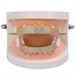 Hip Hop Iced Out Grillz Teeth Set Copper Gold Silver Plated Paved Zirconia Teeth Grillz For Men Women Party Jewelry