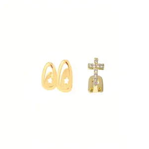 Hip Hop Copper Zirconia Cross Teeth Grills Single Tooth Cap Gold Silver Fashion Jewelry For Party Men Women