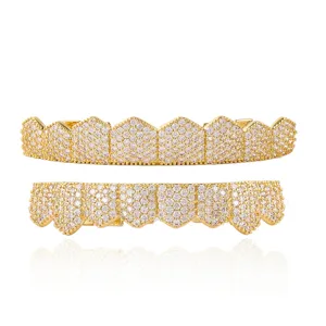 Gold Plated Iced Out Grillz Hip Hop Cubic Zirconia Tooth Cap Top Bottom Set Jewelry